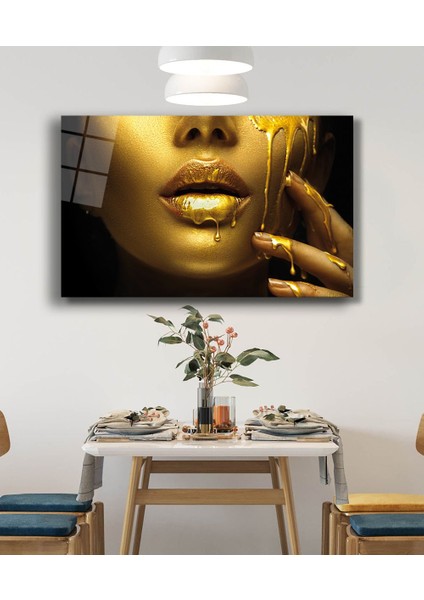 Kadınlar Gold Dudak Kadın Cam Tablo