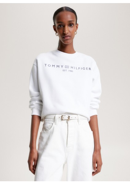 Bisiklet Yaka Baskılı Beyaz Kadın Sweatshırt WW0WW39791YCF002