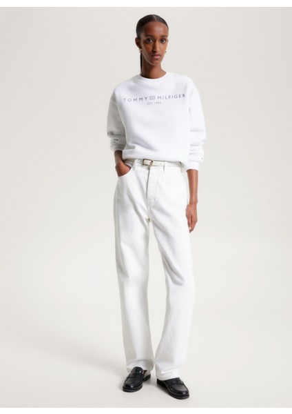 Bisiklet Yaka Baskılı Beyaz Kadın Sweatshırt WW0WW39791YCF002 fiyatları