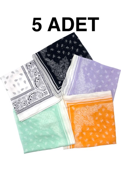 Naz Ipek 5'li Set  Pamuklu Bandana Fular 55X55CM Toptan  5 Adet Etnik Geometrik Çiçekli