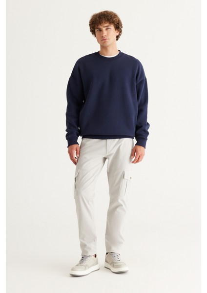 Erkek Lacivert Oversize Fit Bol Kesim Pamuklu Içi Polarlı 3 Iplik Bisiklet Yaka Sweatshirt fiyatları