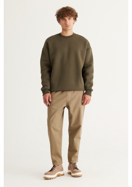 Erkek Haki Oversize Fit Bol Kesim Pamuklu Içi Polarlı 3 Iplik Bisiklet Yaka Sweatshirt modelleri