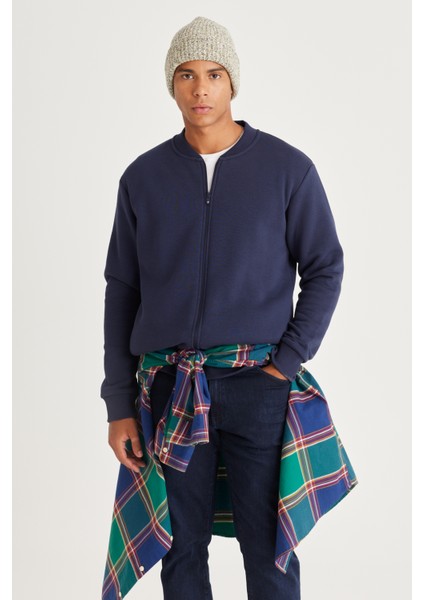 Erkek Lacivert Standart Fit Normal Kesim Içi Polarlı 3 Iplik Kolej Yaka Pamuklu Sweatshirt Ceket