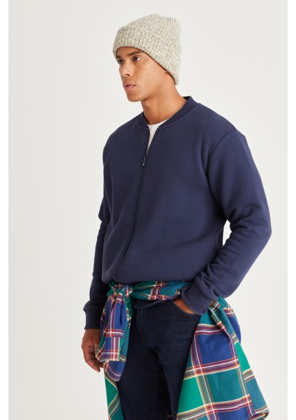 Erkek Lacivert Standart Fit Normal Kesim Içi Polarlı 3 Iplik Kolej Yaka Pamuklu Sweatshirt Ceket modelleri