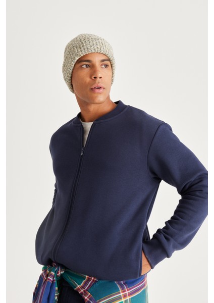 Erkek Lacivert Standart Fit Normal Kesim Içi Polarlı 3 Iplik Kolej Yaka Pamuklu Sweatshirt Ceket fırsatları
