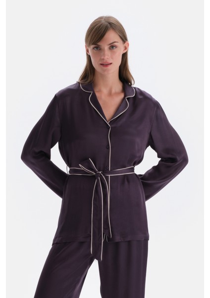 Mor Bağlama Detaylı Saten Gömlek