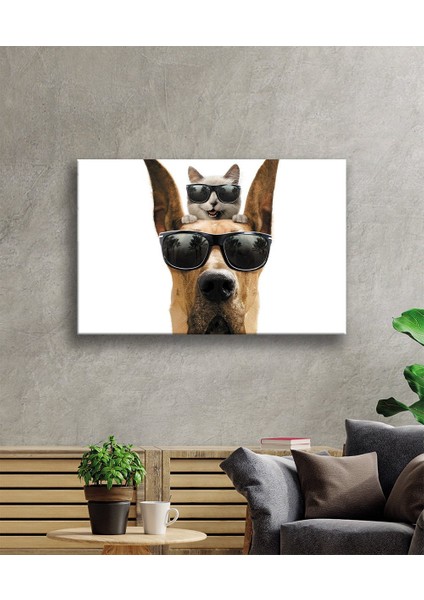 Gözlüklü Kedi ve Köpek Cam Tablo