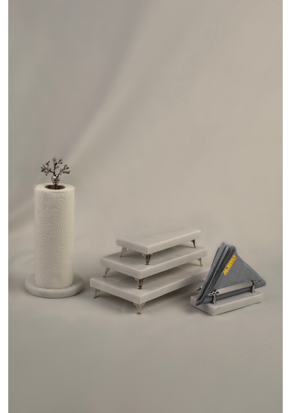 3'Lü Gümüş Mermer Çeyiz Seti Sunumluk & Peçetelik & Rulo Peçetelik Gerçek Mermer Pasta Sunumu,