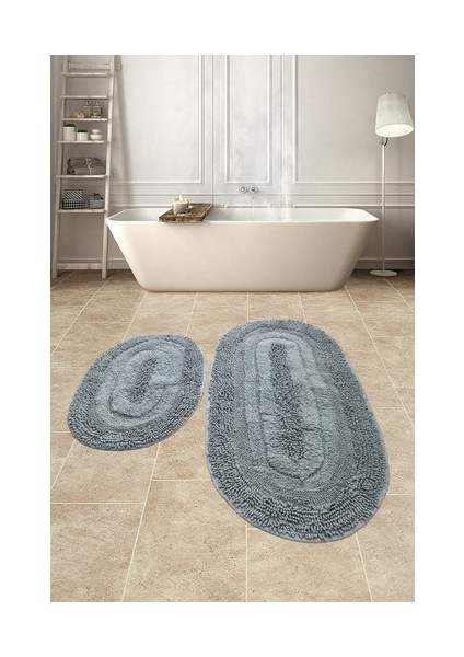 Doğal Pamuklu Spagetti Oval Gri 2'li Banyo Paspası Seti Banyo Halısı Yıkanabilir Klozet Takımı