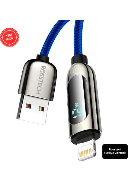 12W Lightning To USB Dijital Ekranlı Hızlı Şarj Kablosu 1.2m (Rosstech Türkiye Garantili)