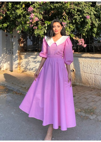 Yakalı Pembe Puantiyeli Balon Kol Kloş Elbise fiyatları