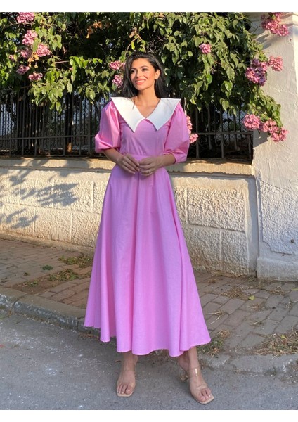Yakalı Pembe Puantiyeli Balon Kol Kloş Elbise modelleri