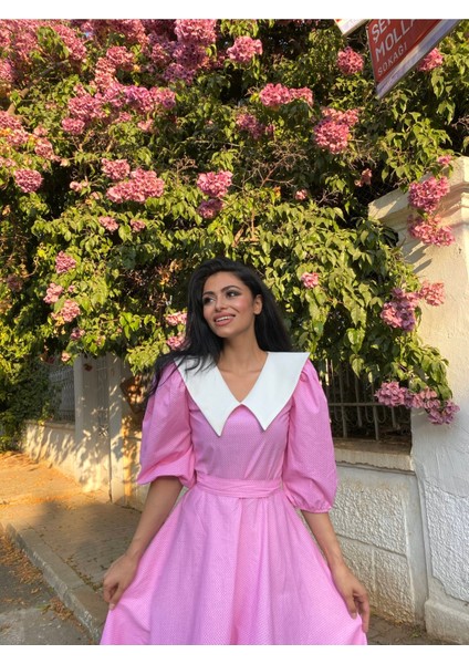 Yakalı Pembe Puantiyeli Balon Kol Kloş Elbise fırsatları