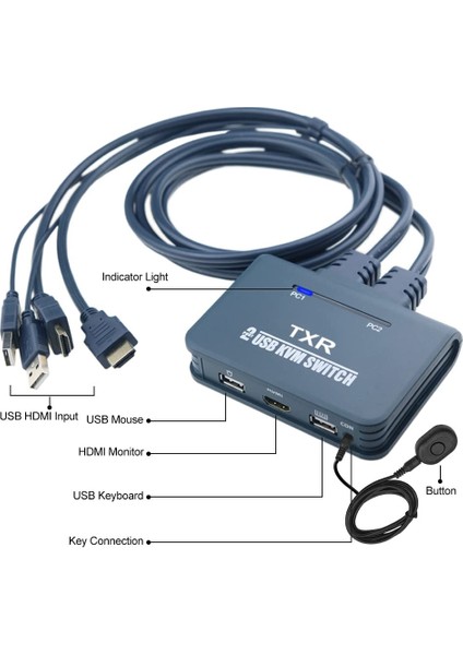 4732 HDMI Kvm Switch 2 Port USB 2 Pc Tek Kasa Klavye Mouse Kontrol Çoklayıcı