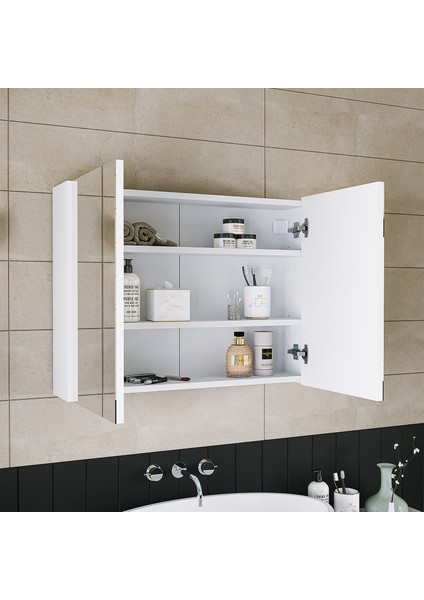 Banos Banyo Kulpsuz Tek Kapaklı Mat Beyaz Mdf 80 Cm Aynalı Banyo Üst Dolabı