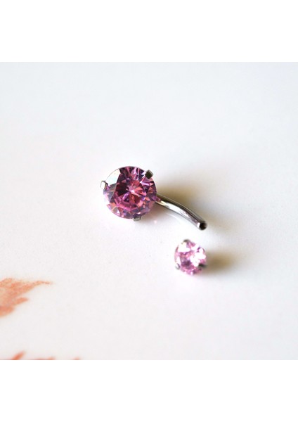 Cerrahi Çelik Pembe Taşlı Göbek Piercingi