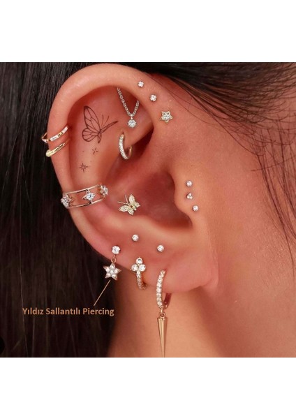 Cerrahi Çelik Yıldız Sallantılı Piercing Helix Kıkırdak Gold Renk