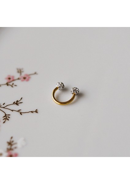 8 mm Gold Iki Ucu Taşlı Cerrahi Çelik Tragus Helix Piercing Kıkırdak Septum