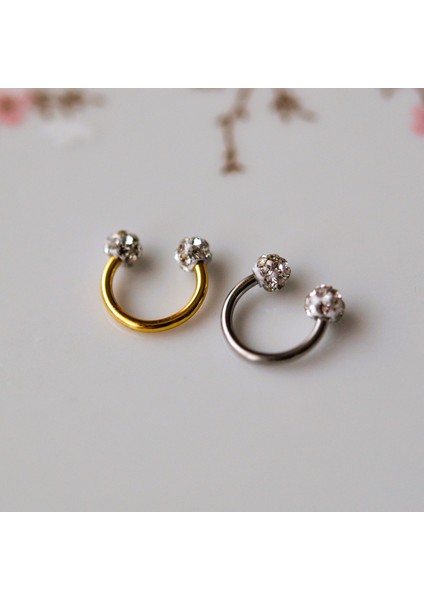 8 mm Gold Iki Ucu Taşlı Cerrahi Çelik Tragus Helix Piercing Kıkırdak Septum