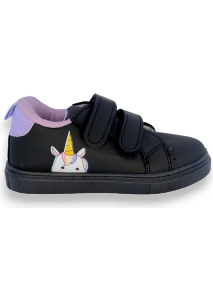 First Step Unicorn Baskılı Siyah Cırt Cırtlı Kız Çocuk Günlük Sneaker Spor AYAKKABI-S-1006