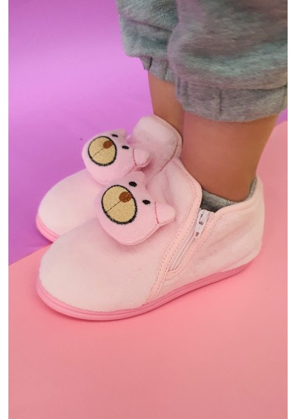 Pembe Ayıcık Aksesuarlı Fermuarlı Kadife Panduf