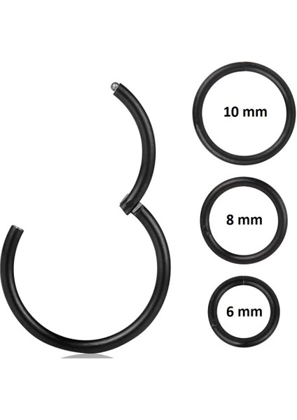 Düz Siyah Renk Halka Cerrahi Çelik Piercing Takımı 3'lü Set