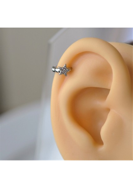 Gümüş Renk Cerrahi Çelik Yıldız Modelli Halka Tragus Piercing Helix Lob Kıkırdak