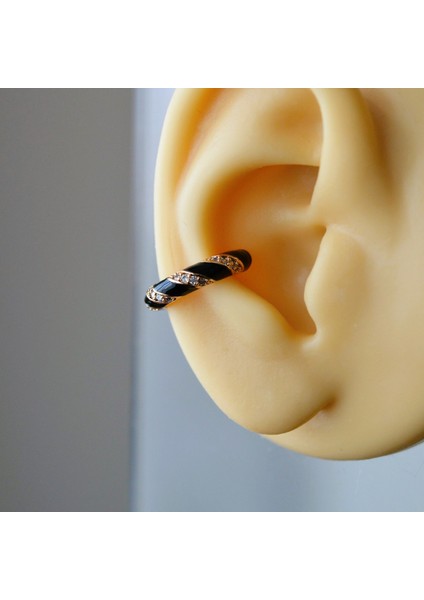Siyah Taşlı Bombeli Düz Earcuff Sıkıştırma Kıkırdak Küpe