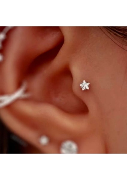Cerrahi Çelik Yıldız Taşlı Piercing Tragus Helix Kıkırdak Conch 8 mm Gold Renk