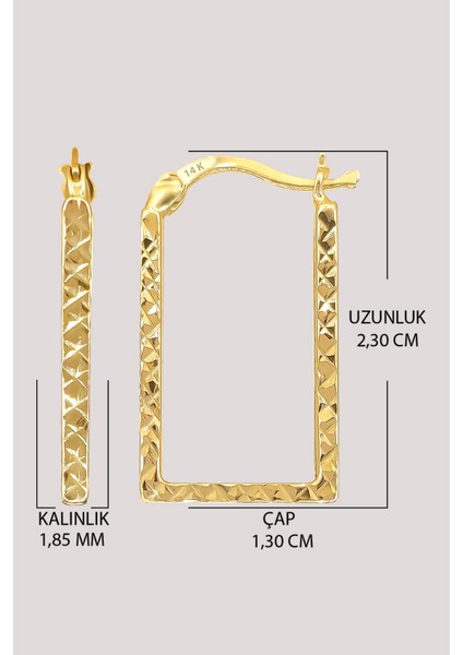 Altın Küpe 14 Ayar Altın Kare Halka Desenli Küpe-2,30 cm