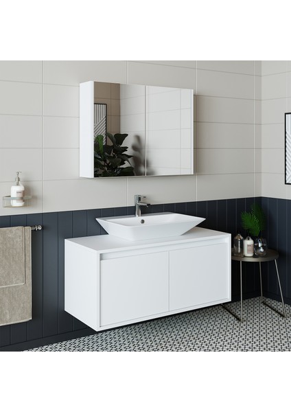 Banos Banyo Roomart Lavabolu Mat Beyaz Mdf 100 Cm Banyo Dolabı + Aynalı Banyo Üst Dolabı