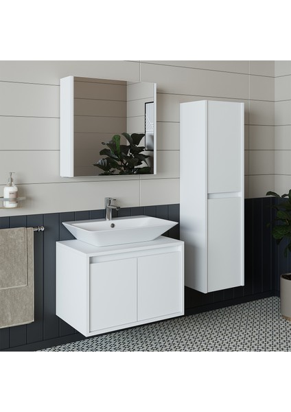 Banos Banyo Roomart Lavabolu Mat Beyaz Mdf 65 cCm Banyo Dolabı + Aynalı Banyo Üst Dolabı + Banyo Boy Dolabı