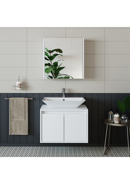 Banos Banyo Roomart Lavabolu Mat Beyaz Mdf 65 Cm Banyo Dolabı + Aynalı Banyo Üst Dolabı