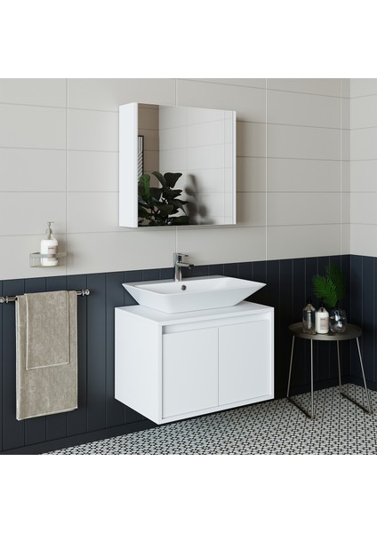 Banos Banyo Roomart Lavabolu Mat Beyaz Mdf 65 Cm Banyo Dolabı + Aynalı Banyo Üst Dolabı