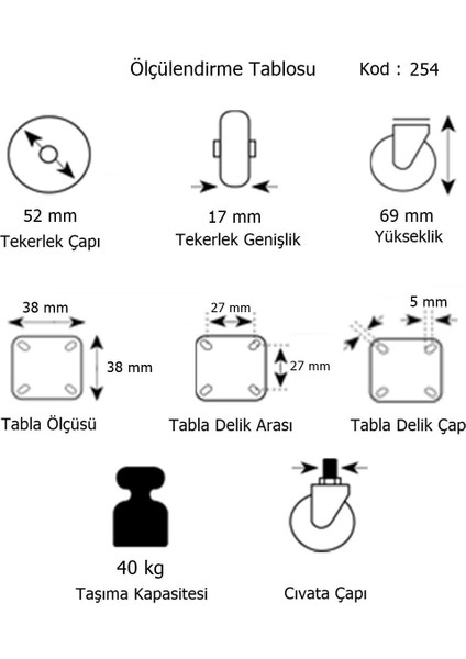 4 Adet Hts Döner Tablalı Frenli Mobilya Tekeri Çap : 52 mm Kod : 254