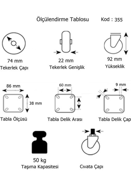 4 Adet Hts Sabit Tablalı Mobilya Tekeri Tekerlek Çap : 74 mm Kod : 355