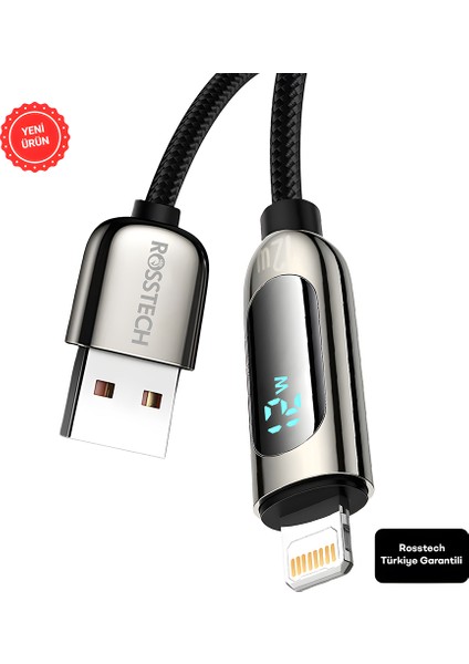 12W Lightning To USB Dijital Ekranlı Hızlı Şarj Kablosu 1.2m (Rosstech Türkiye Garantili)