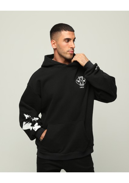 Siyah Erkek Oversize Kapüşonlu Yazı Baskılı Içi Yumuşak Tüylü Sweatshirt