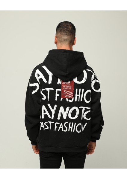 Siyah Erkek Oversize Kapüşonlu Yazı Baskılı Içi Yumuşak Tüylü Sweatshirt
