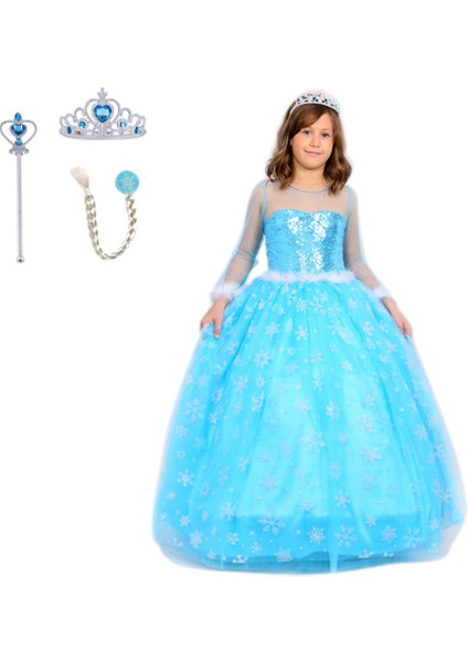 Butik Happy Kids Kız Çocuk Prenses Elsa Kostümü Uzun Kollu Elsa Kostümü 1-12 Yaş Taç-Asa-Saç Hediyeli