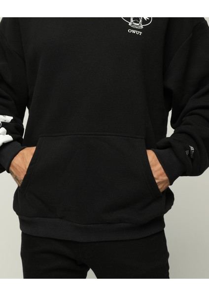 Owut Collection Siyah Erkek Oversize Kapüşonlu Yazı Baskılı Içi Yumuşak Tüylü Sweatshirt