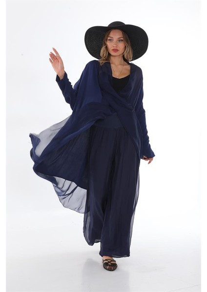 Italyan Ipek Detaylı Oversize Kap Bluz- Wes Pantolon Takım