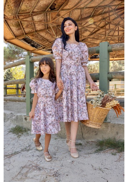 Kahverengi Pastel Çiçekli Kare Yaka Karpuz Kol Kloş Kombin (Tekli Satılmaktadır) fiyatları