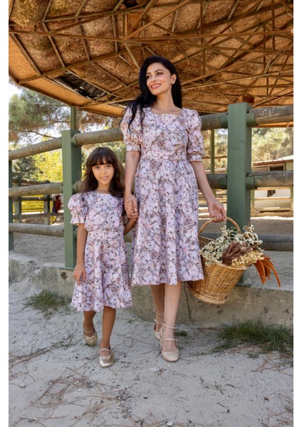 Kahverengi Pastel Çiçekli Kare Yaka Karpuz Kol Kloş Kombin (Tekli Satılmaktadır) fırsatları