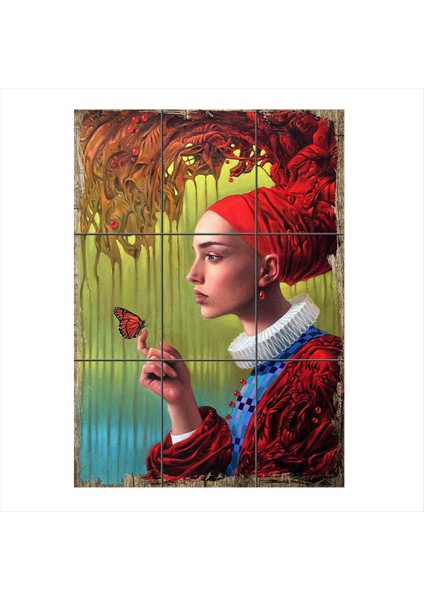 Kadın ve Kelebek Tasarım 9 Parça Puzzle Tablo