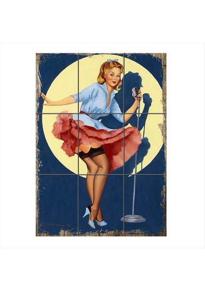 Şarki Söyleyen Pin Up Kadın 9 Parça Puzzle Tablo