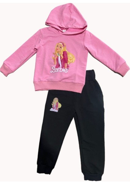 Kız Çocuk Kapüşonlu Barbie Baskılı Pembe Eşofman Takım