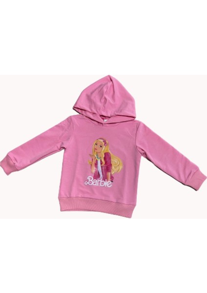 Kız Çocuk Kapüşonlu Barbie Baskılı Pembe Eşofman Takım