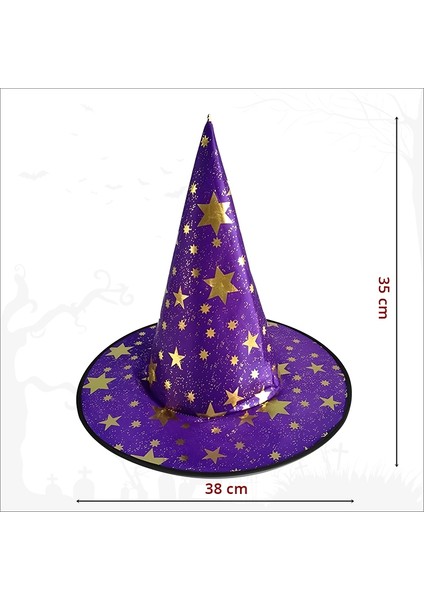 Yıldız Desenli Hallloween Cadı Şapkası, 38CM - Mor