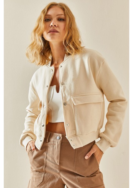 Krem Çıtçıt Düğmeli Crop Bomber Ceket 3YXK4-47551-22 fırsatları